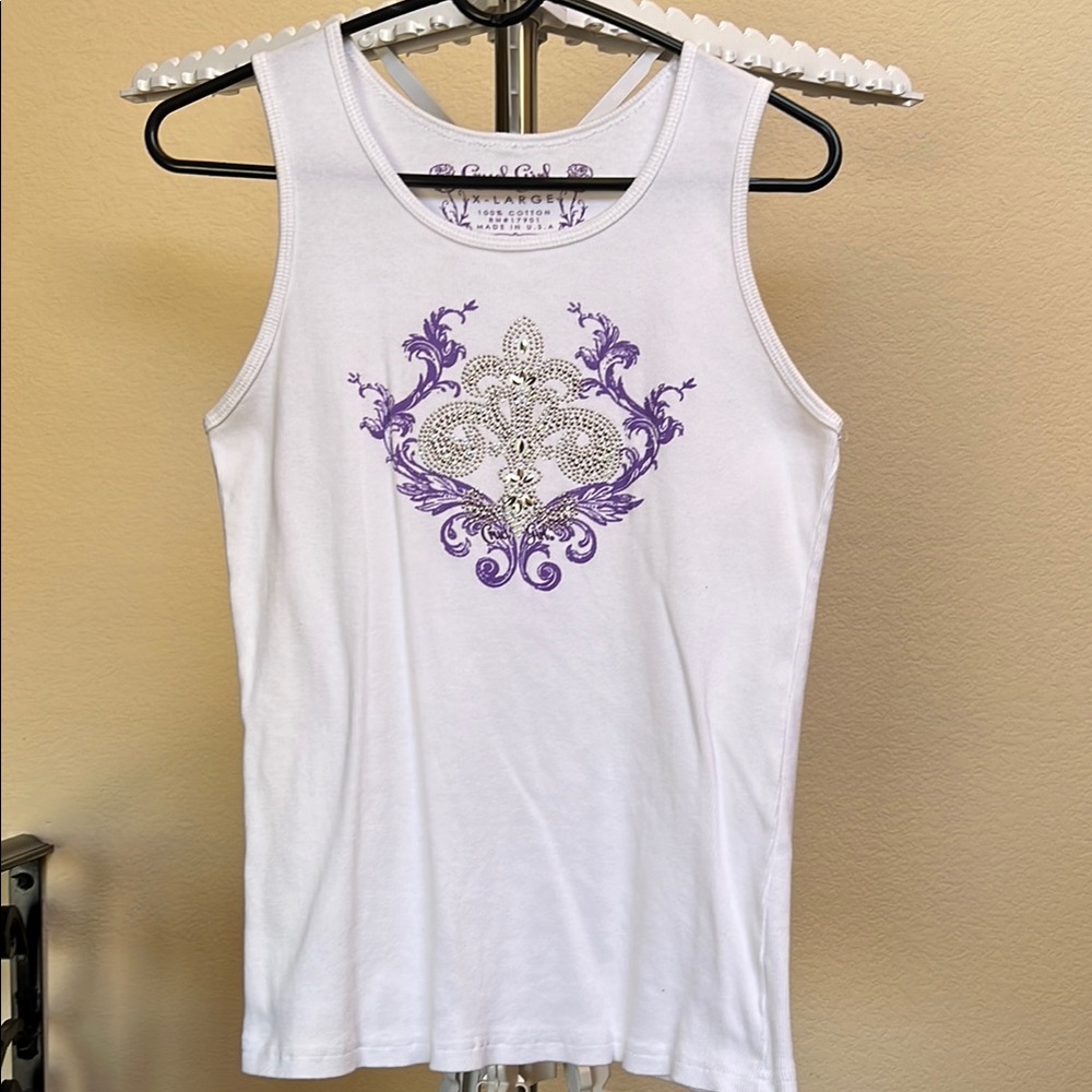 Cruel Girl White Tank Top with Purple Design
